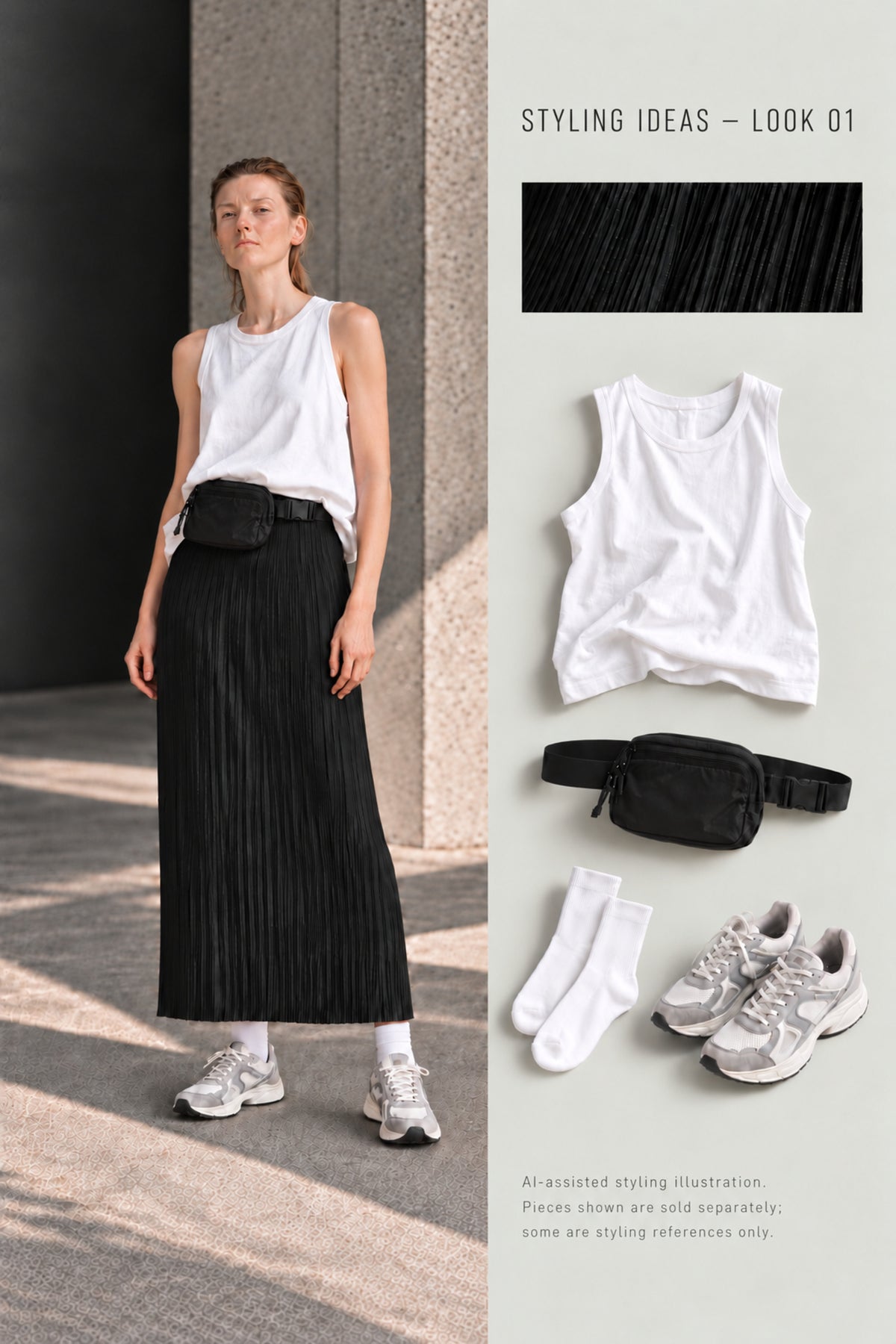 AI-assisted styling illustration — LOOK 01: LONG SKIRT PLISSÉ /01. Pieces shown are sold separately; some are styling references only.