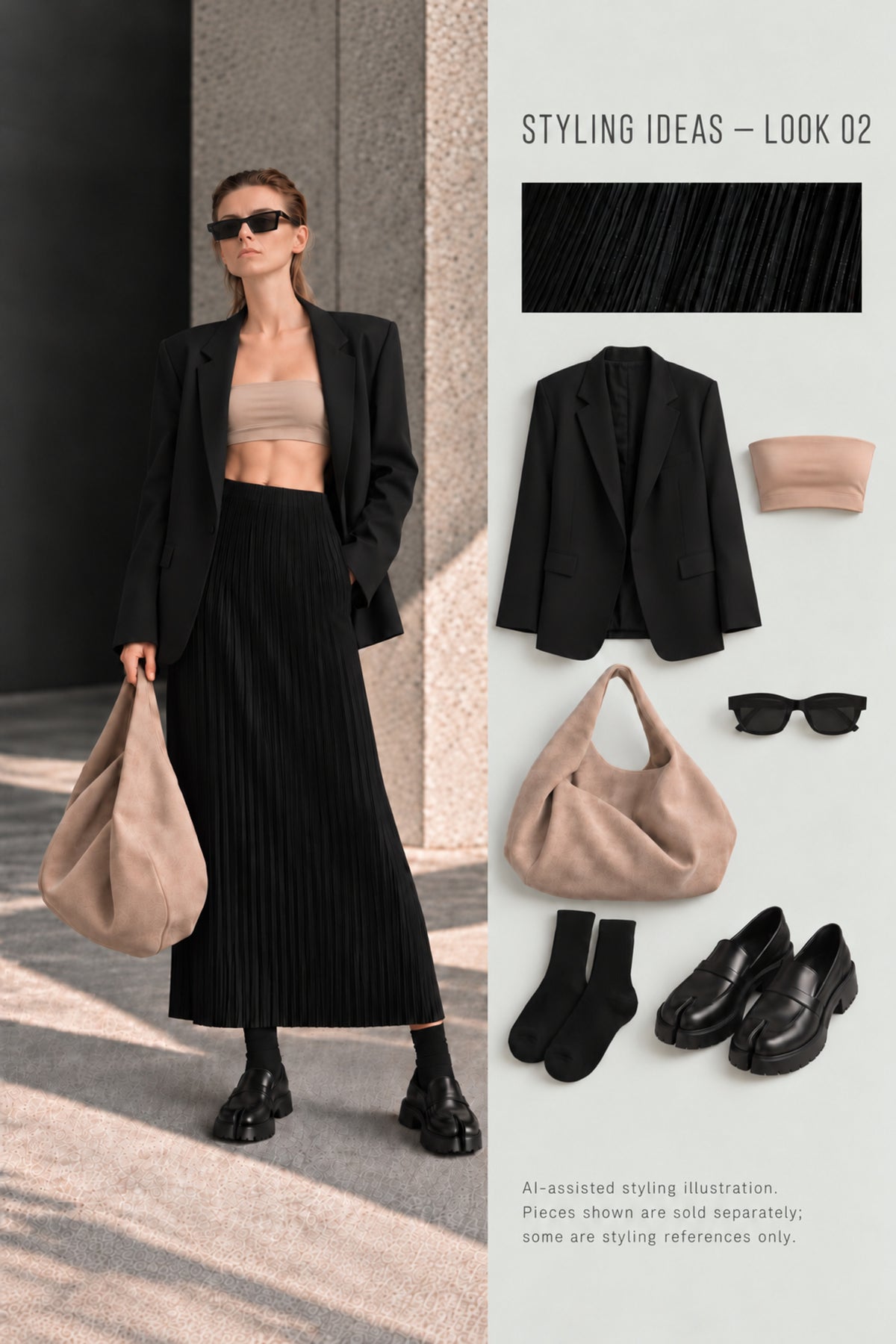 AI-assisted styling illustration — LOOK-02: LONG SKIRT PLISSÉ /01. Pieces shown are sold separately; some are styling references only.