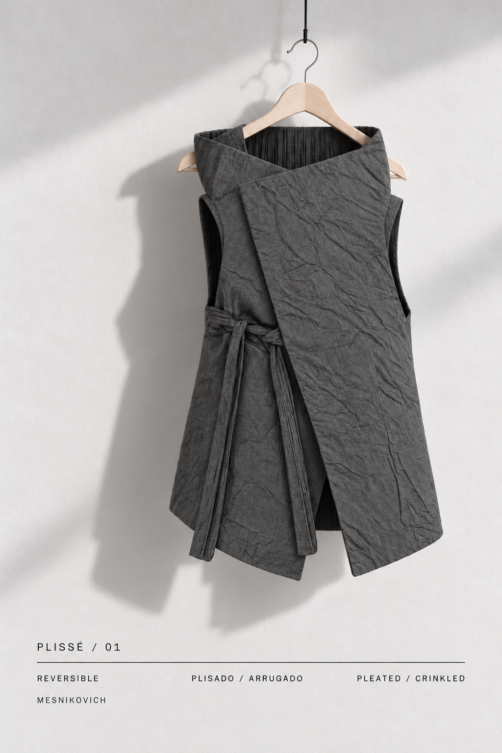 AI-assisted illustration of the grey reversible PLISSÉ /01 vest on a hanger, showing the crinkled side.