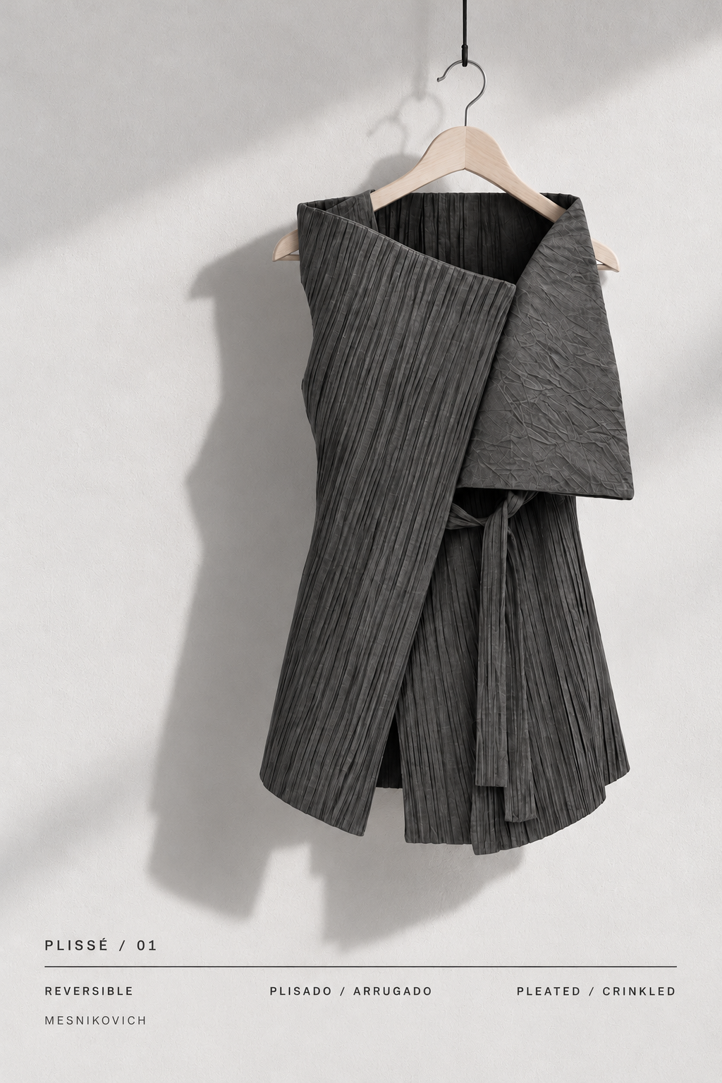 AI-assisted illustration of the grey reversible PLISSÉ /01 vest on a hanger, showing the pleated side and crinkled reverse.