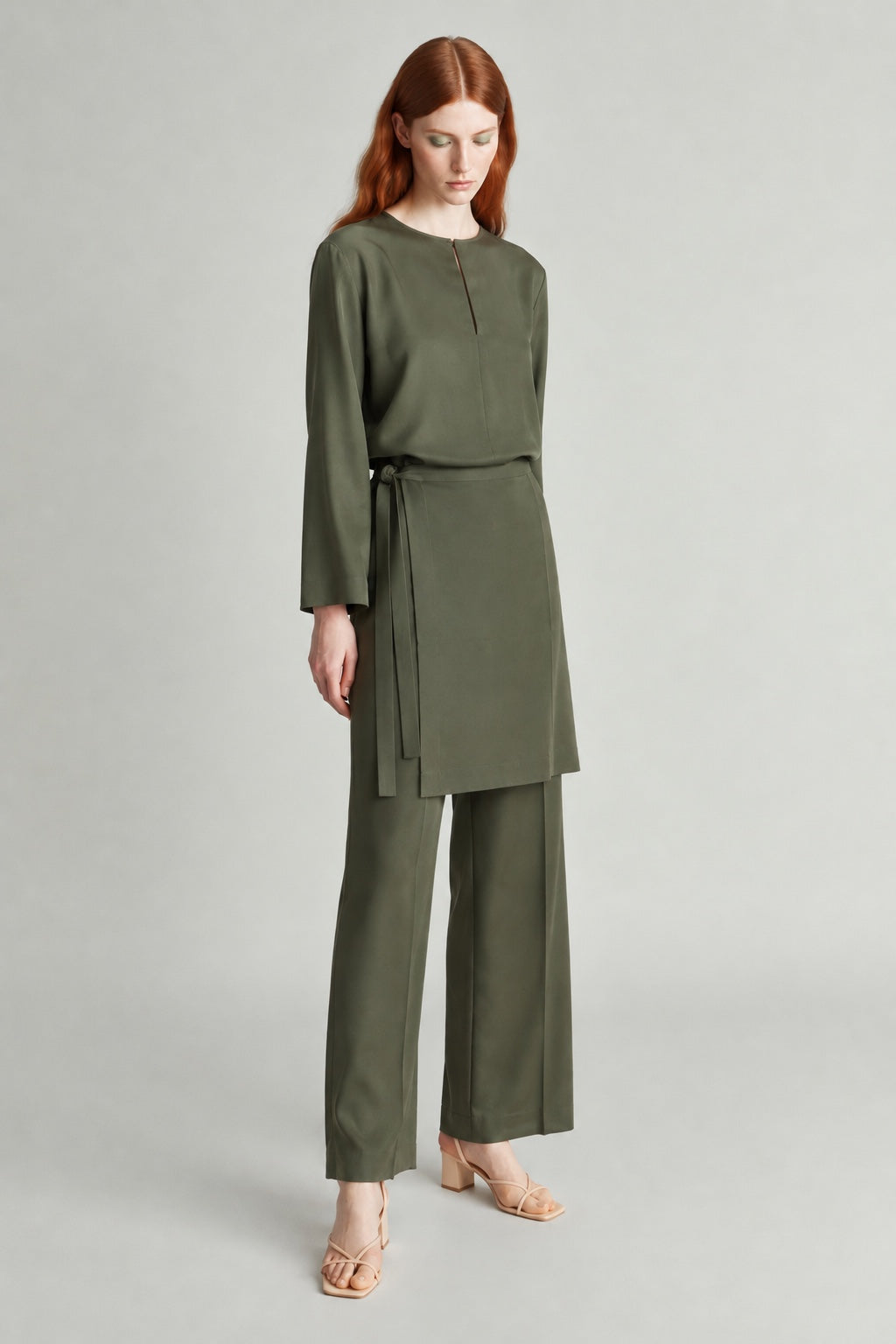 Green Tencel straight pants with wrap overskirt full length