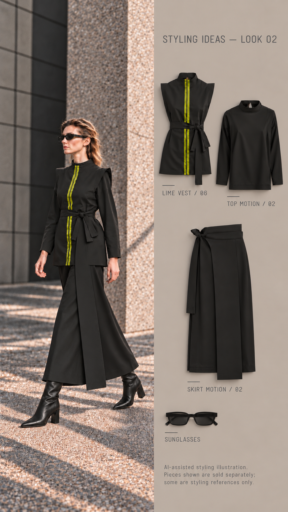 AI-assisted styling illustration — LOOK 02: LIME VEST /06, TOP MOTION /02, SKIRT MOTION /02. Pieces shown are sold separately; some are styling references only.