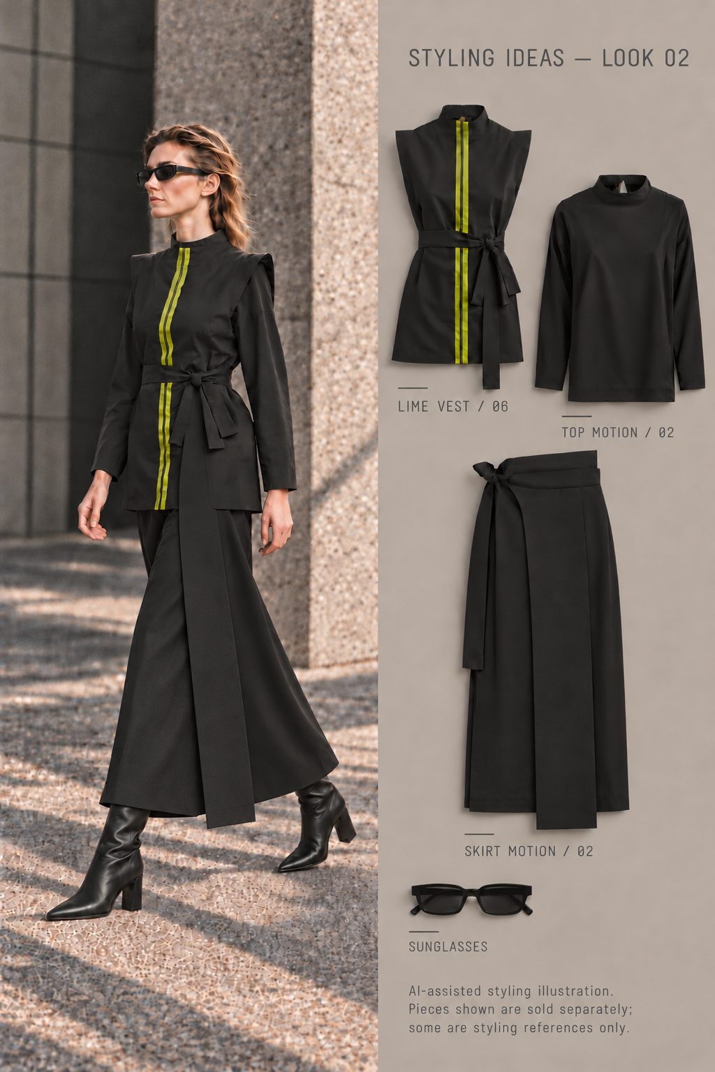 AI-assisted styling illustration — LOOK 02: LIME VEST /06, TOP MOTION /02, SKIRT MOTION /02. Pieces shown are sold separately; some are styling references only.