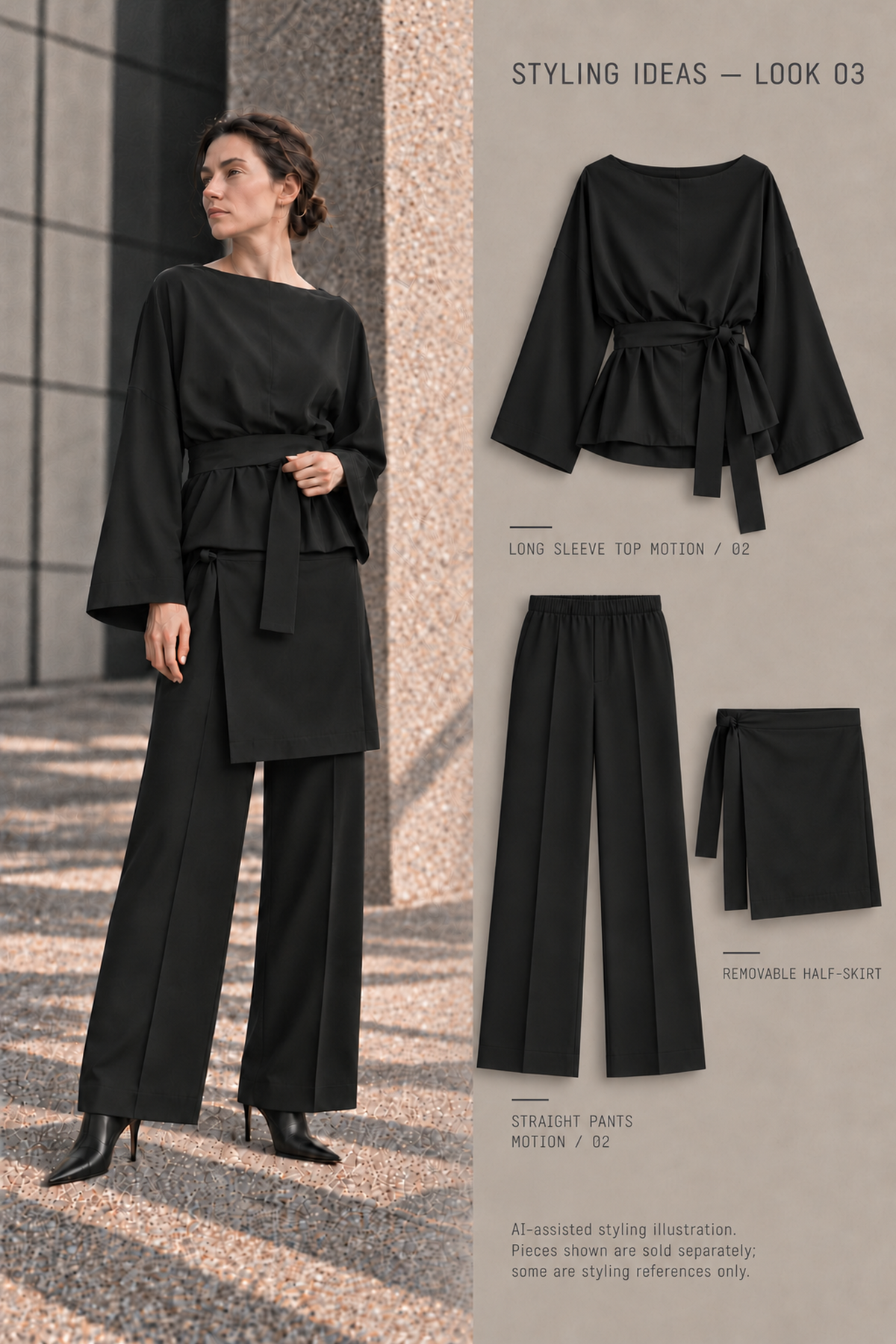 AI-assisted styling illustration — LOOK 03: LONG SLEEVE TOP MOTION /02 and STRAIGHT PANTS MOTION /02 with removable half-skirt. Pieces shown are sold separately; some are styling references only.