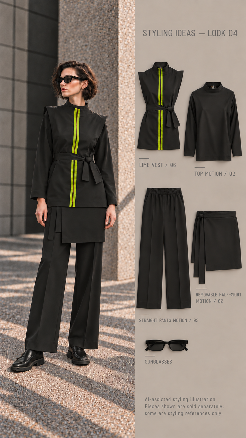 AI-assisted styling illustration — LOOK 04: LIME VEST /06, TOP MOTION /02, STRAIGHT PANTS MOTION /02 and REMOVABLE HALF-SKIRT MOTION /02. Pieces shown are sold separately; some are styling references only.
