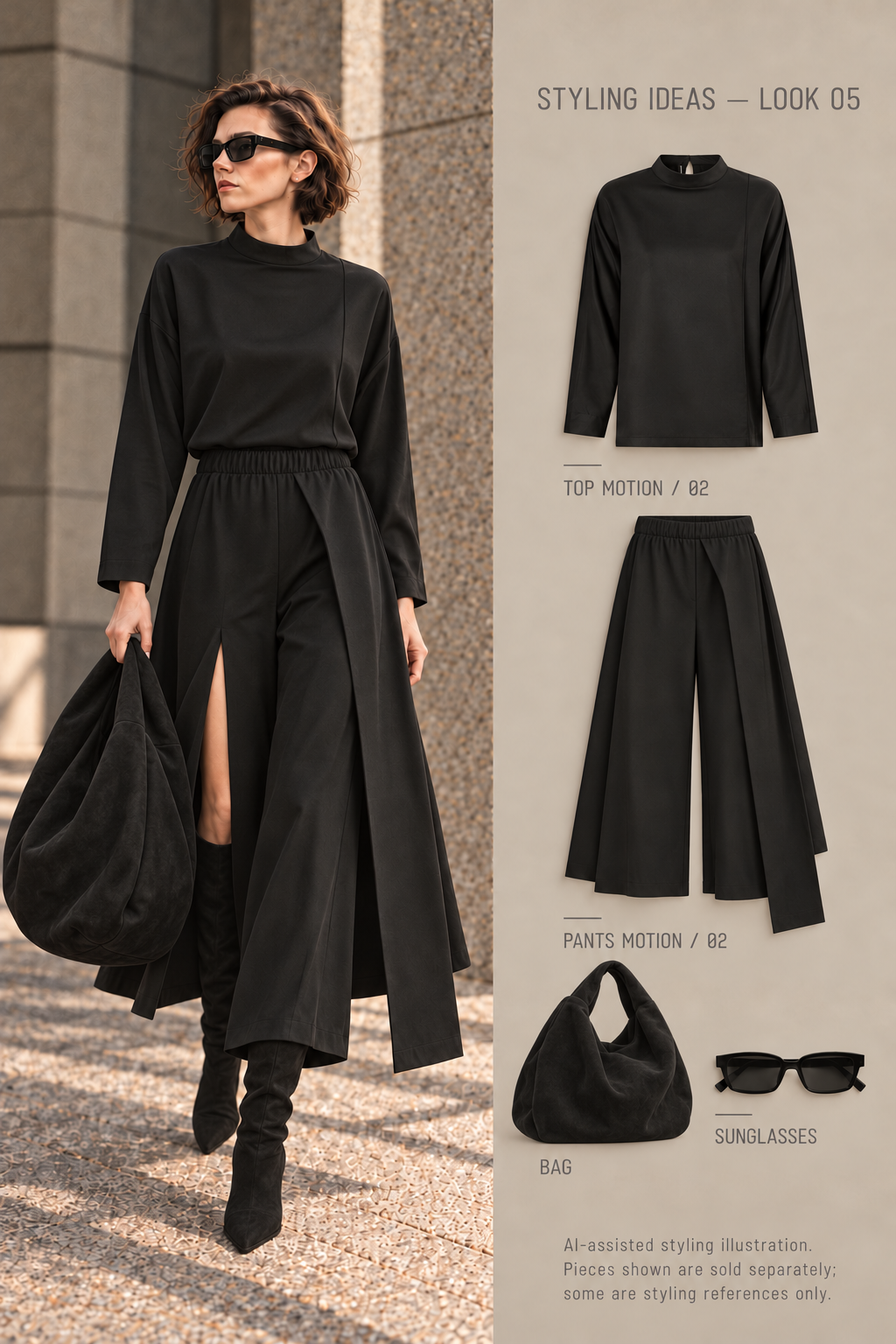 AI-assisted styling illustration — LOOK 05: PANTS MOTION /02 and TOP MOTION /02. Pieces shown are sold separately; some are styling references only.
