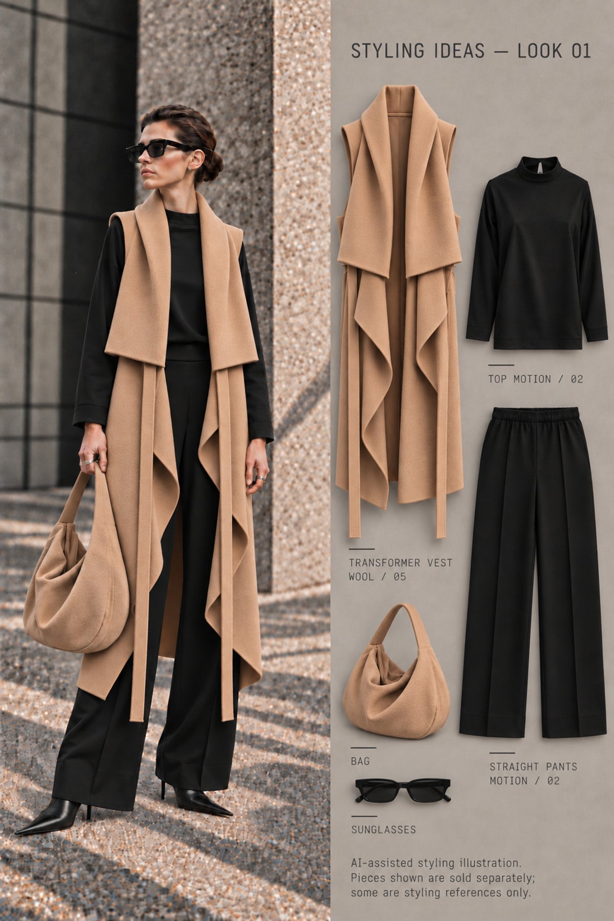 AI-assisted styling illustration — LOOK 01: TRANSFORMER VEST WOOL /05, TOP MOTION /02 and STRAIGHT PANTS MOTION /02. Pieces shown are sold separately; some are styling references only.